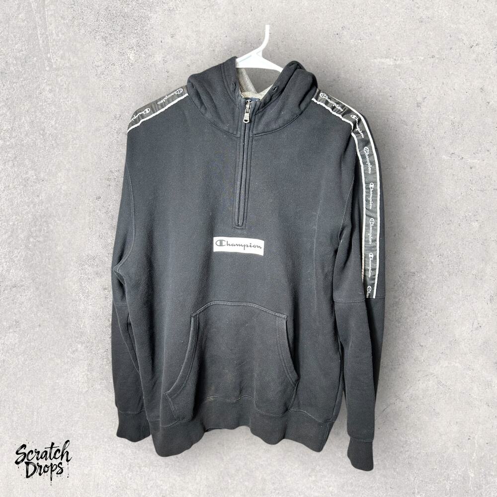 Champion Hoodie XL Black Half-Zip Logo Tape Kangaroo Pocket Athletic Wear Hoodie